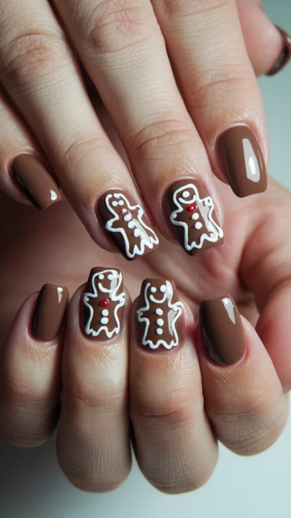 Close-up of hands with brown manicured nails featuring gingerbread man nail art, including white outlines and small red buttons.
