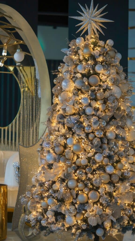 A lavishly decorated Christmas tree covered in silver and gold ornaments and lights, topped with a large silver star, set in a festive interior with gold decorations.