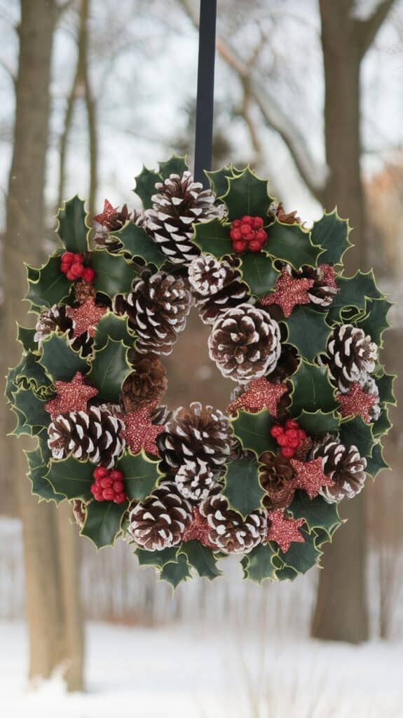 A festive wreath with holly leaves, red berries, pinecones with faux snow, and glittery red stars, hanging against a snowy outdoor background with bare trees.