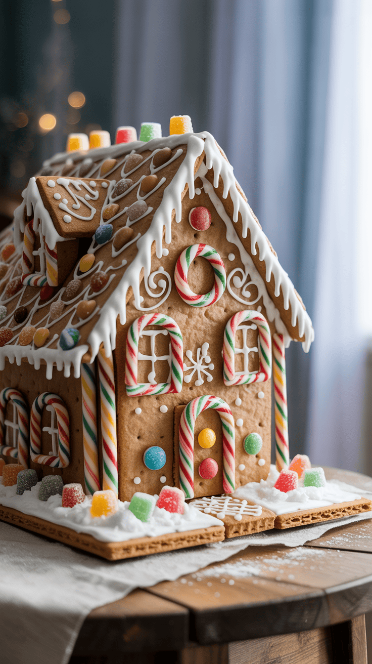 A detailed gingerbread house decorated with candy canes, gumdrops, and icing on a wooden table. The house features a snowy roof, colorful candy details, and intricate patterns made of white icing, creating a festive and whimsical appearance.