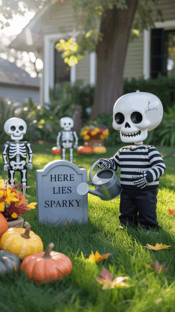 Halloween-themed scene with a skeleton figure wearing a striped shirt, holding a watering can next to a tombstone that reads "Here Lies Sparky." Other skeleton figures and pumpkins are visible in the background on a grassy lawn.