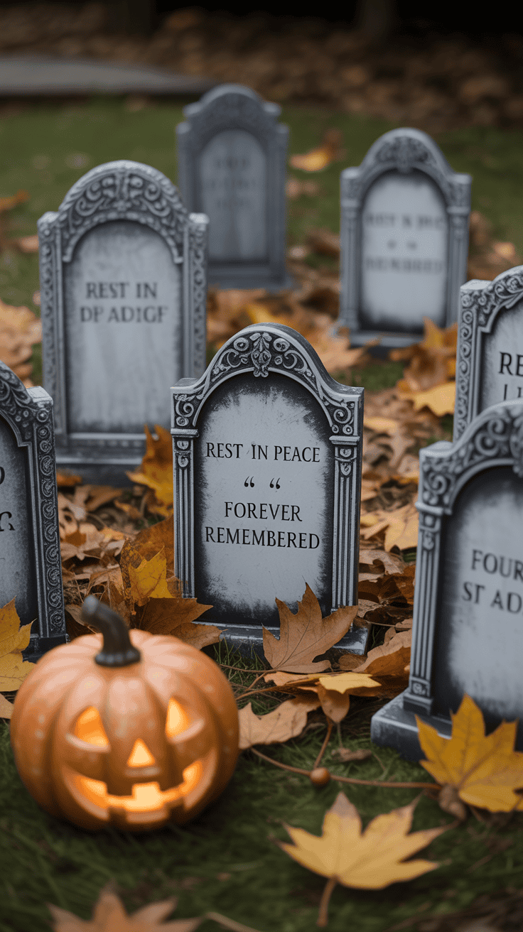 Halloween decorations featuring several tombstones with inscriptions surrounded by autumn leaves and a glowing jack-o'-lantern on the grass.