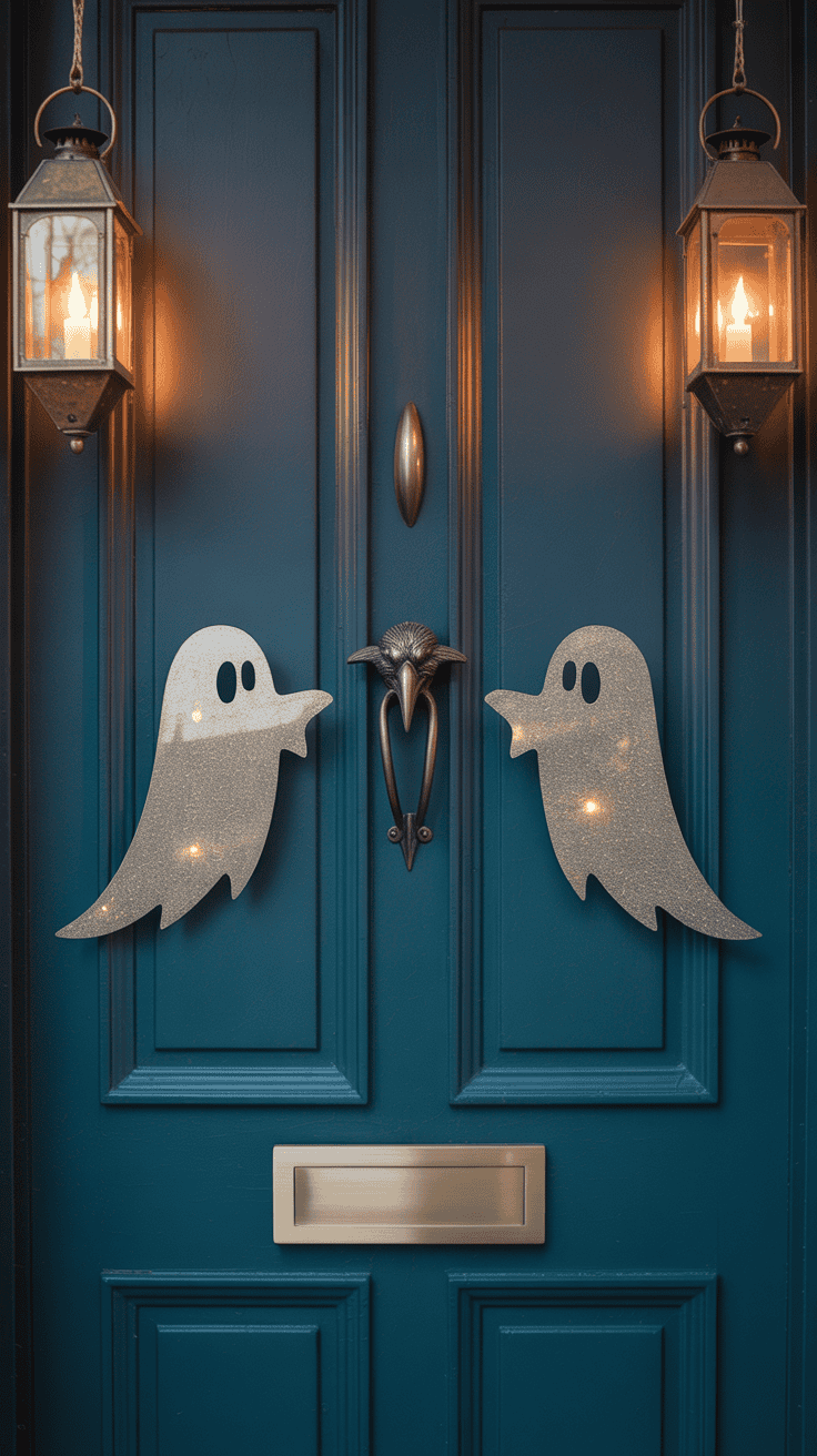 A dark blue door decorated with two sparkly ghost cutouts, one on each side of a bird-shaped metal knocker, with brass lanterns emitting warm light on either side.