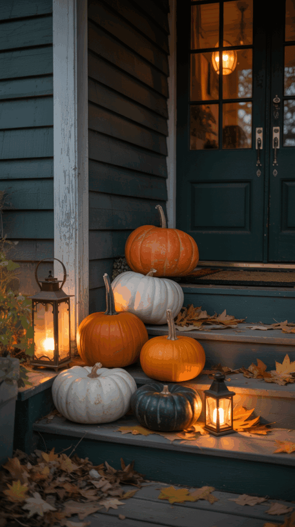 A collection of pumpkins, including orange, white, and green varieties, are displayed on the steps of a house. Lanterns with glowing candles provide warm illumination, and autumn leaves are scattered on the steps and ground.
