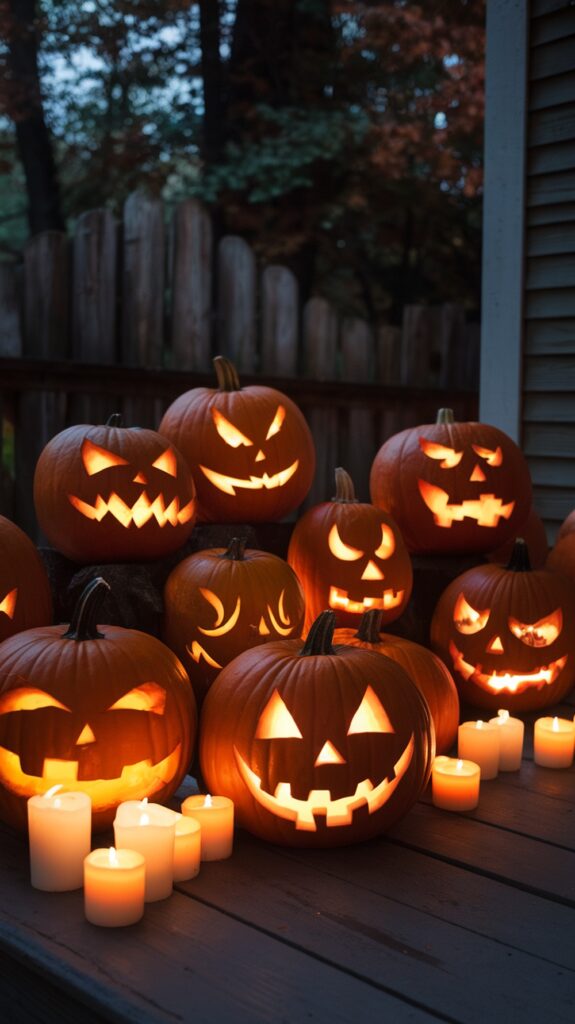 A group of carved jack-o'-lanterns with various spooky expressions arranged on a wooden deck, illuminated by tea light candles in the foreground, creating a Halloween ambiance.