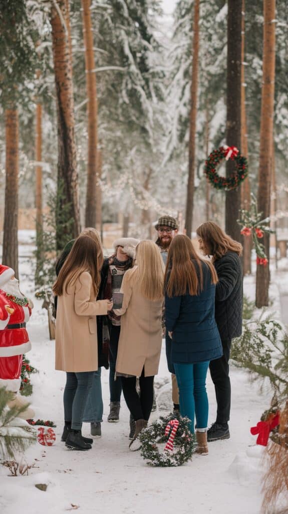 A group of people gathered in a snowy forest decorated for Christmas, with wreaths and a Santa Claus figure visible.
