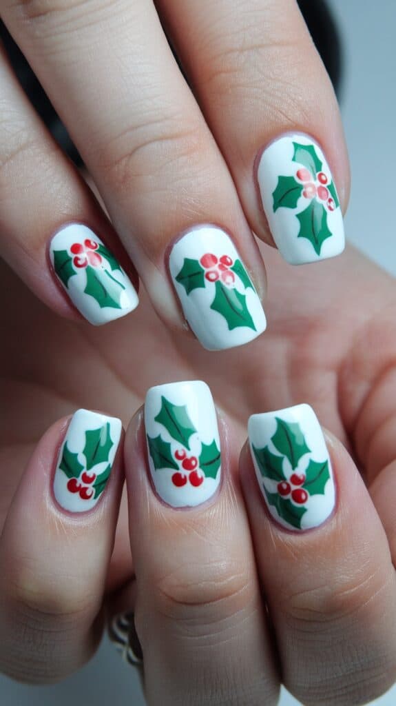 Close-up of Christmas-themed nail art featuring white nails with green holly leaves and red berries design.