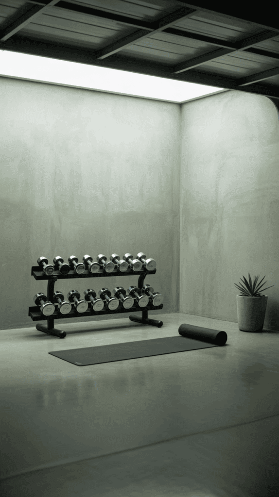 A minimalist home gym with a rack of dumbbells, a yoga mat, and a rolled-up mat on a smooth concrete floor, with a potted plant in the corner.
