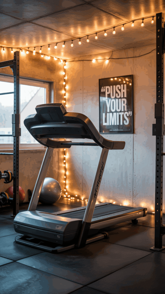 A treadmill sits in a cozy home gym lit by string lights, with a motivational poster reading "Push Your Limits" on the wall and exercise balls nearby.