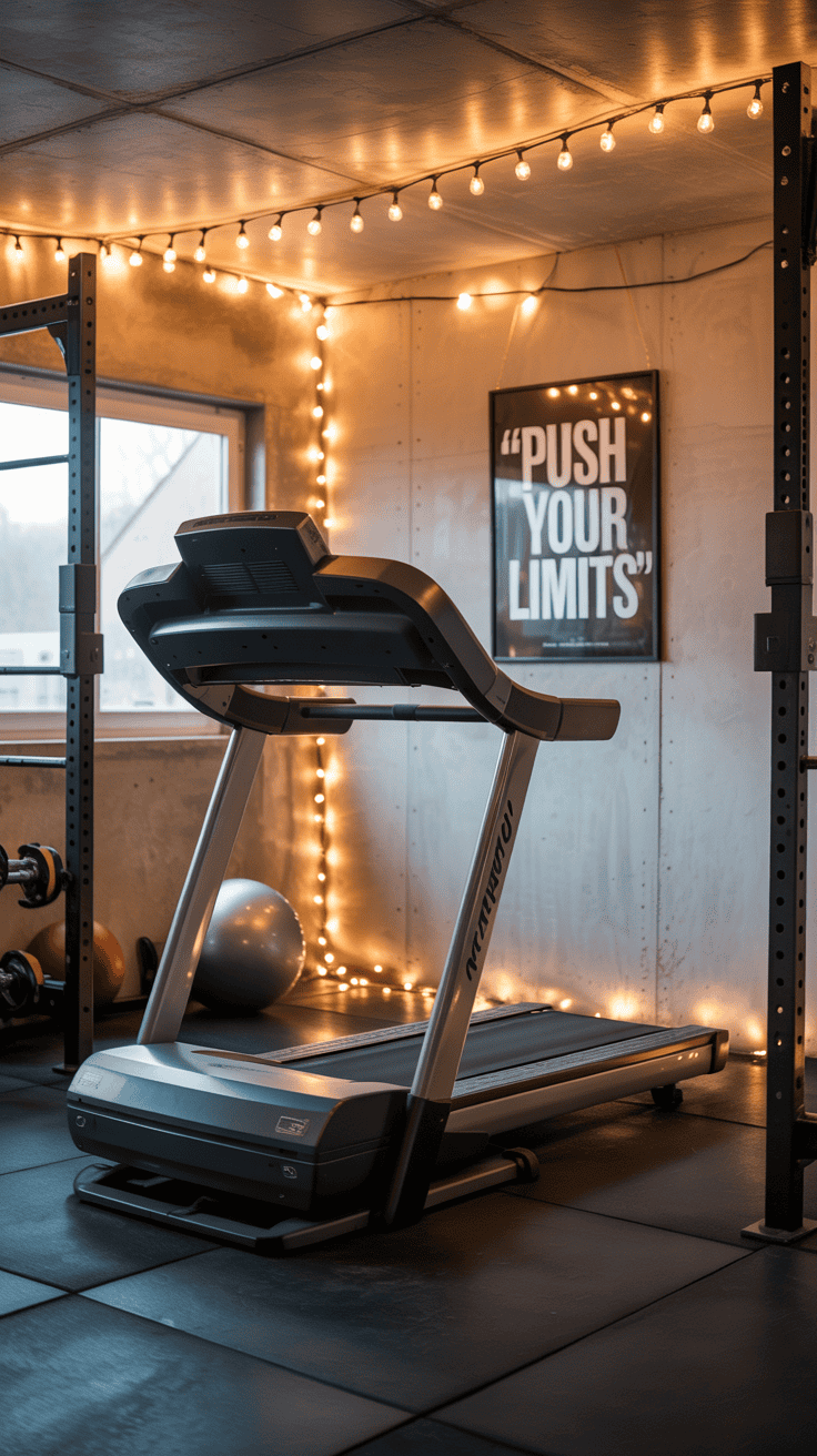 A treadmill sits in a cozy home gym lit by string lights, with a motivational poster reading "Push Your Limits" on the wall and exercise balls nearby.