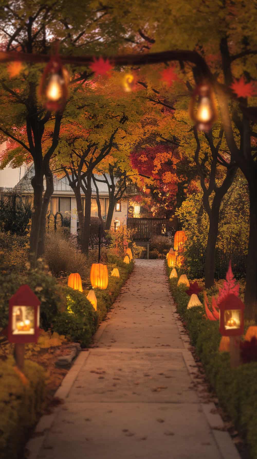 A picturesque pathway adorned with illuminated lanterns and vibrant autumn foliage, leading to a charming house in the background, creating a serene and inviting atmosphere.