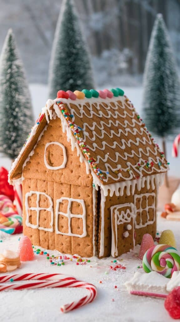 A decorated gingerbread house with icing details and colorful candy on the rooftop, surrounded by various candies and small snow-covered trees in the background.