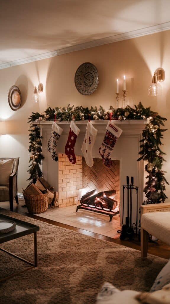A cozy living room with a decorated fireplace adorned with a garland of greenery and lights, and four Christmas stockings hanging above a warm fire. The mantel is decorated with candles and plates, and a basket of logs sits beside the hearth.