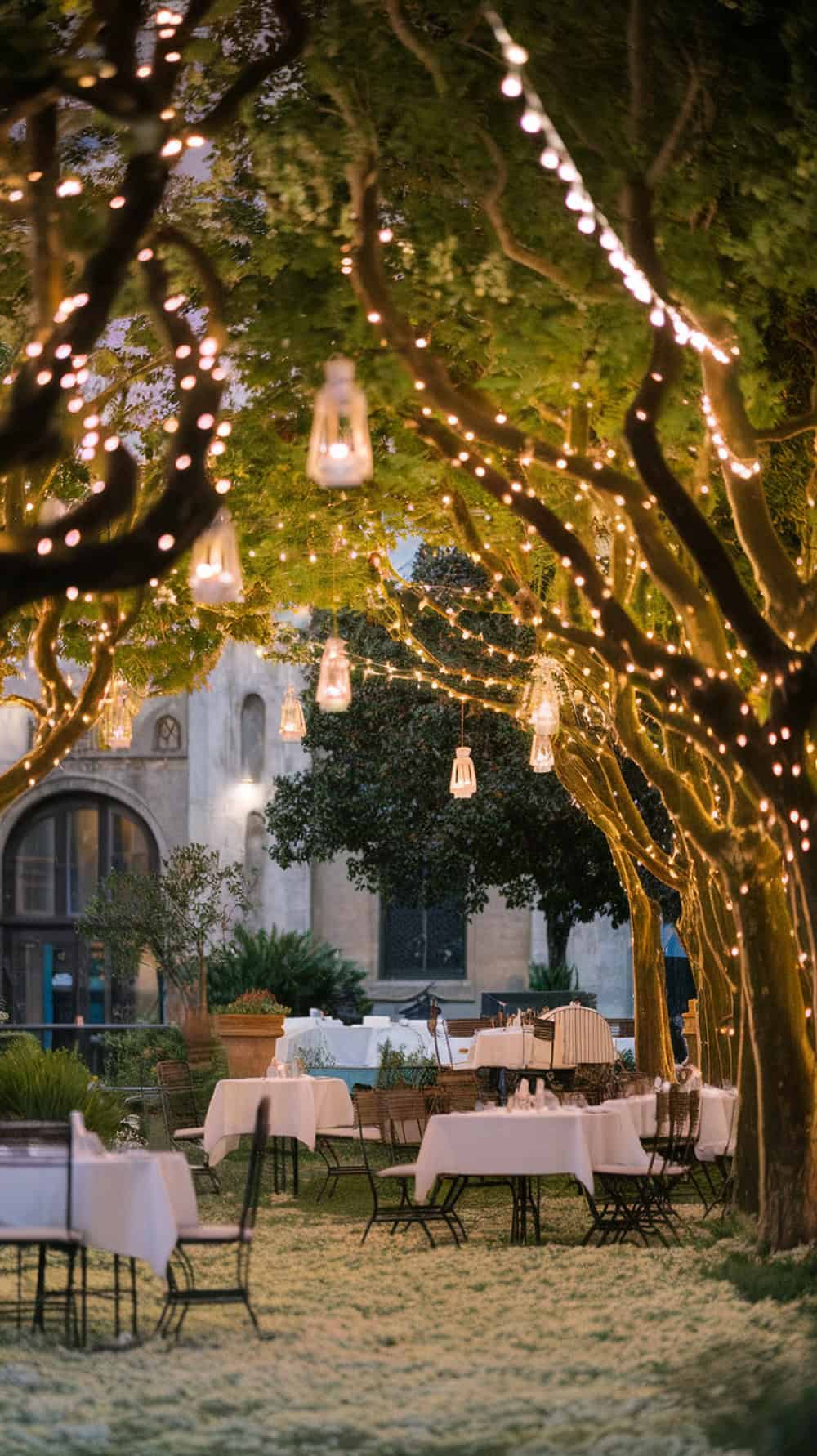 Outdoor dining area illuminated by string lights and lanterns hanging from trees, with tables covered in white tablecloths set on a grassy area.