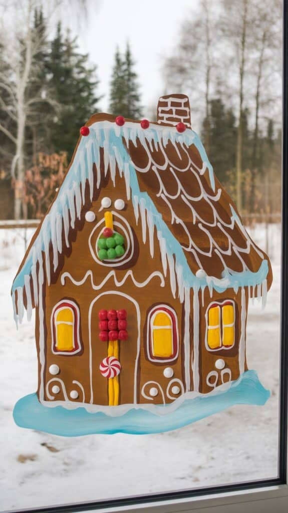 A painted depiction of a gingerbread house on a snowy window, featuring icing icicles, colorful candies, and decorative windows.