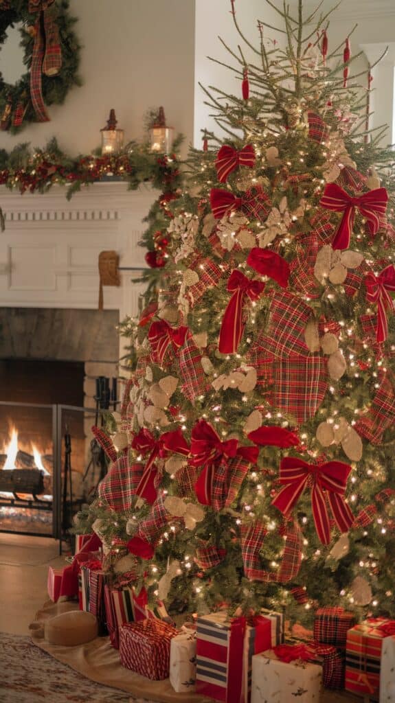 A Christmas tree decorated with red and plaid bows, surrounded by wrapped gifts. A lit fireplace and a decorated mantel with candles and greenery are in the background.