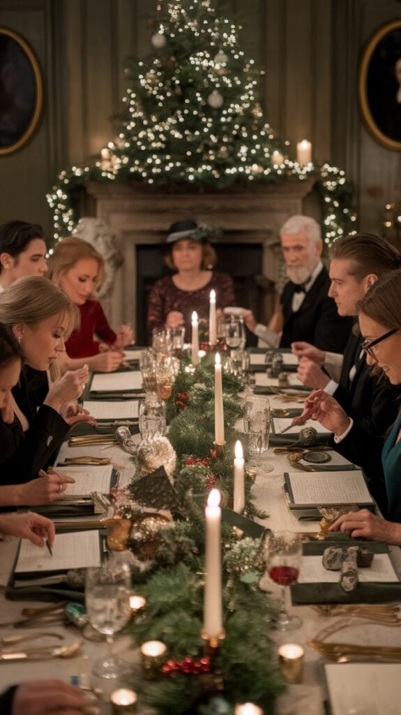 A group of people dressed in formal attire sitting around an elegantly decorated Christmas dinner table with candles and greenery centerpiece, under a large Christmas tree with lights in the background.