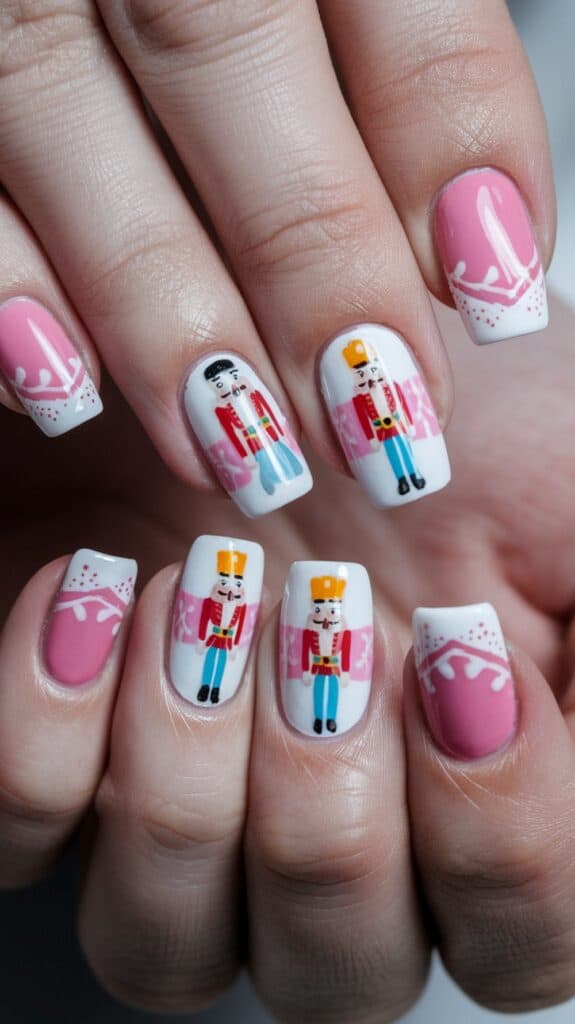 Close-up of a hand with nail art featuring pink and white designs, including illustrations of nutcracker figures on some nails.