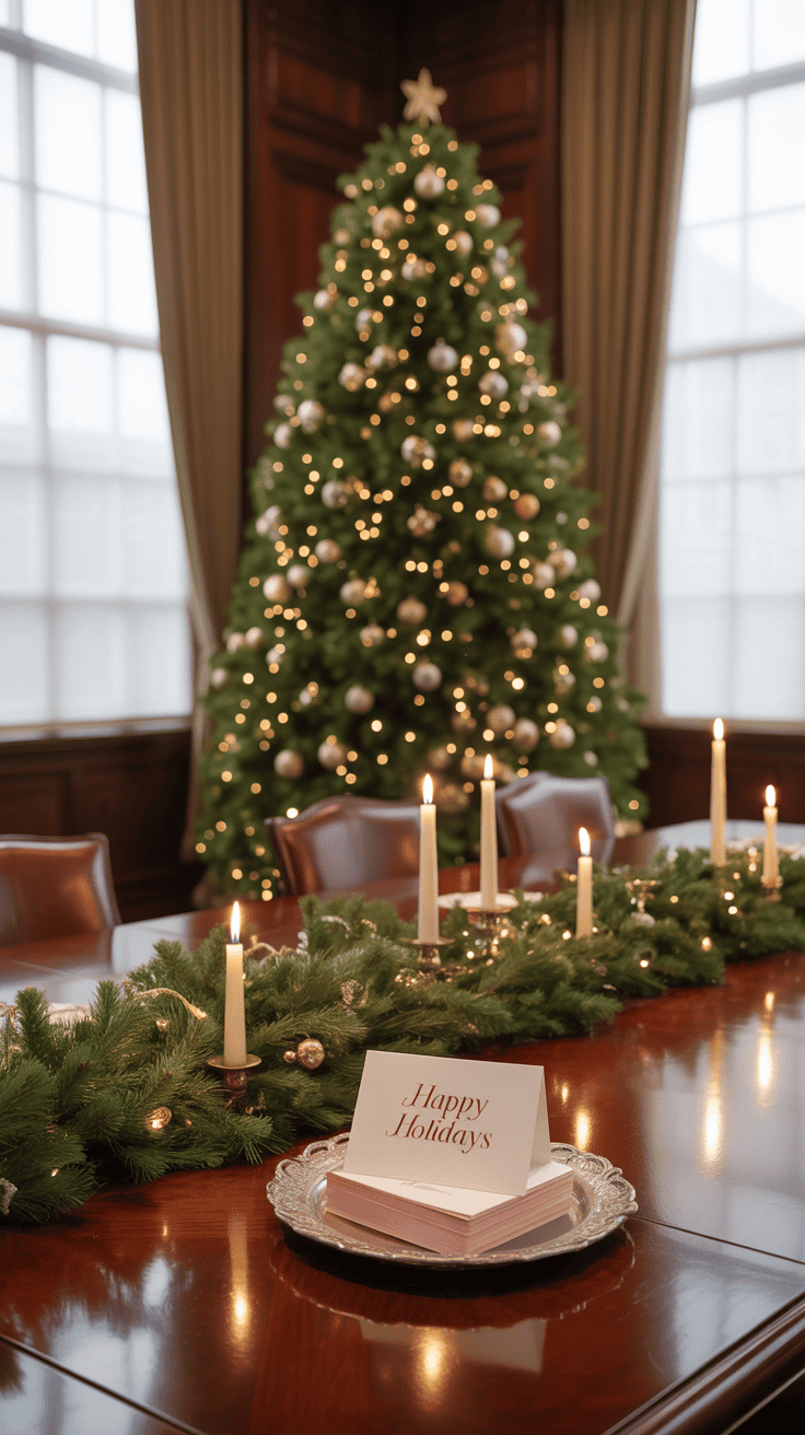 A festive holiday setting in an elegant room with a large Christmas tree decorated with lights and ornaments in the background. In the foreground, a polished wooden table is adorned with a green garland and lit white candles, alongside a silver tray holding "Happy Holidays" cards.
