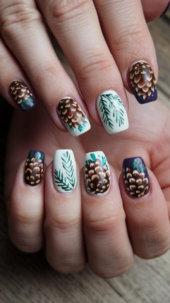 Close-up of hands with nail art featuring pinecone designs on a mix of dark purple and white backgrounds, accented with green pine needles.