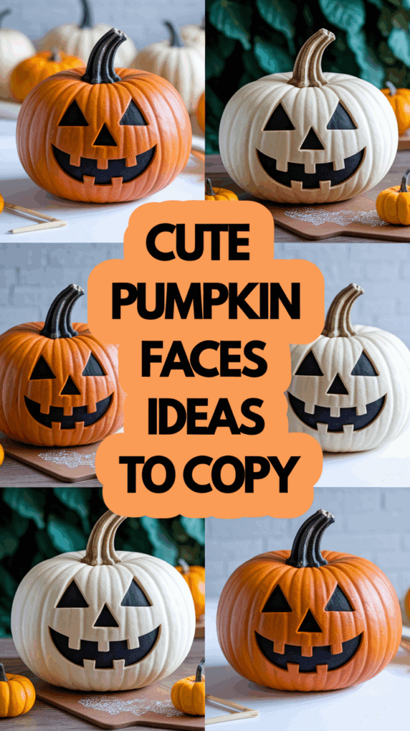 Collage of decorated pumpkins with smiling jack-o'-lantern faces and the text "Cute Pumpkin Faces Ideas to Copy" in bold orange letters.