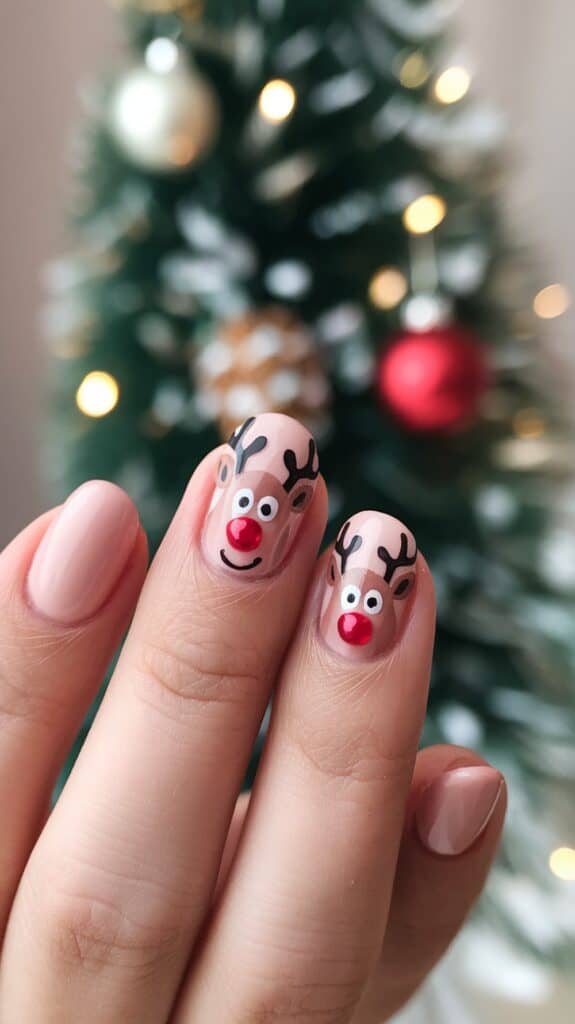 Two fingers with nails featuring reindeer nail art, including red noses and antlers, in front of a blurred Christmas tree background.