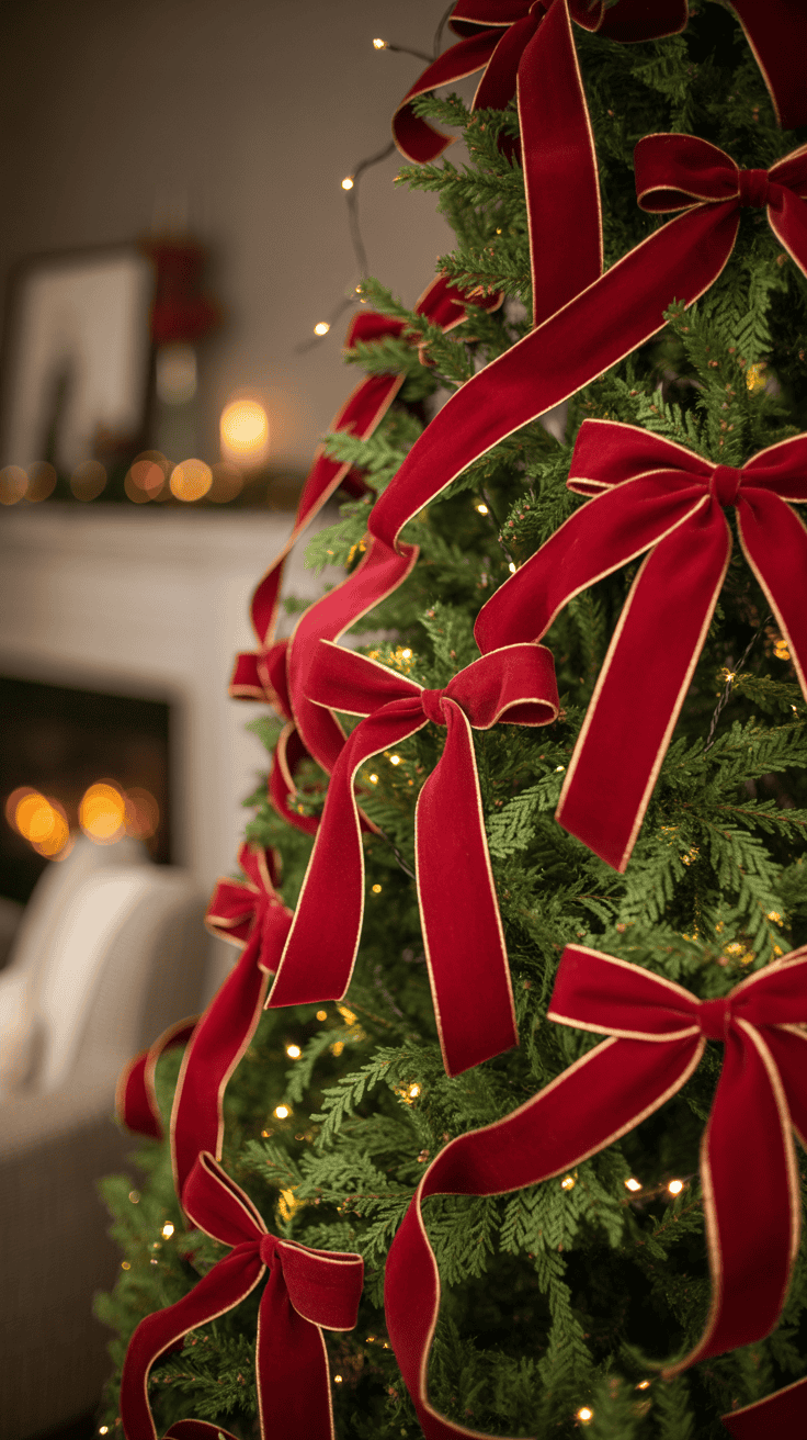 A Christmas tree decorated with large red bows and festive lights.