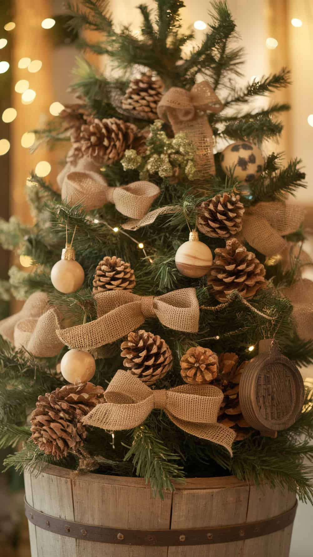 A small Christmas tree decorated with burlap ribbons, pine cones, and beige ornaments, placed in a rustic wooden barrel with soft, glowing lights in the background.