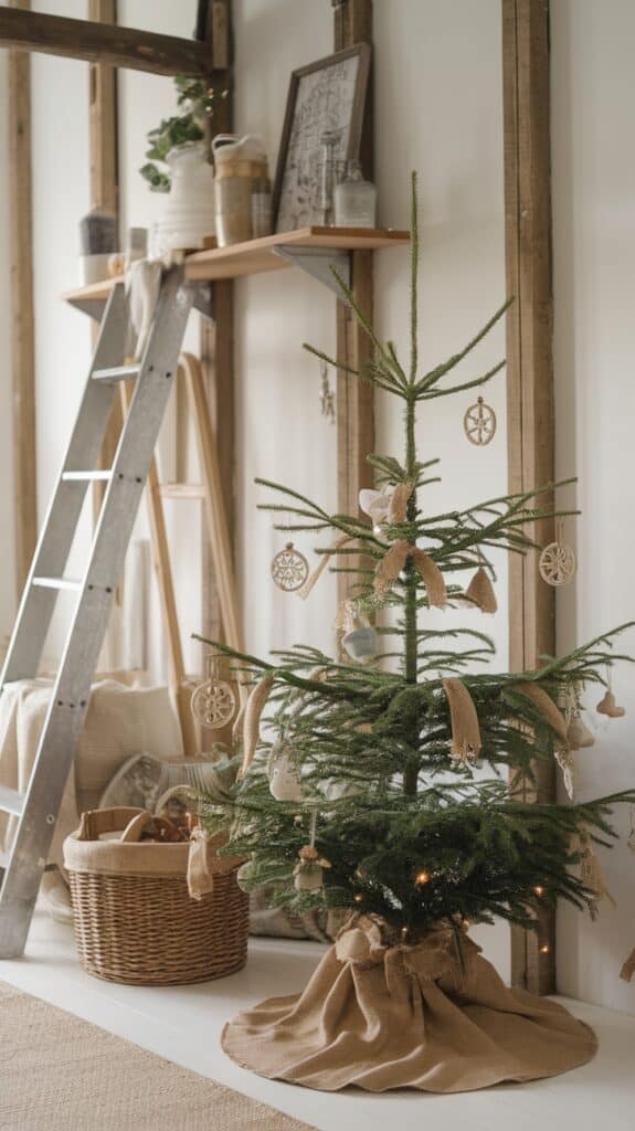 A small Christmas tree decorated with rustic ornaments and burlap ribbons, standing on a wooden floor near a wicker basket and a ladder against a wooden beam wall.