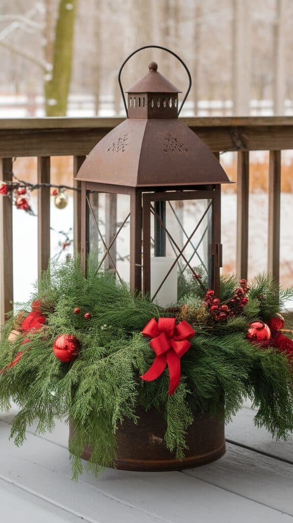 A rustic metal lantern surrounded by festive greenery, red bows, and ornaments, placed on a wooden deck with a snowy outdoor background.