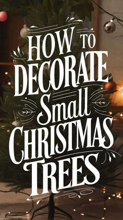 A small Christmas tree with the text 'How to Decorate Small Christmas Trees' in white, surrounded by string lights and ornaments.