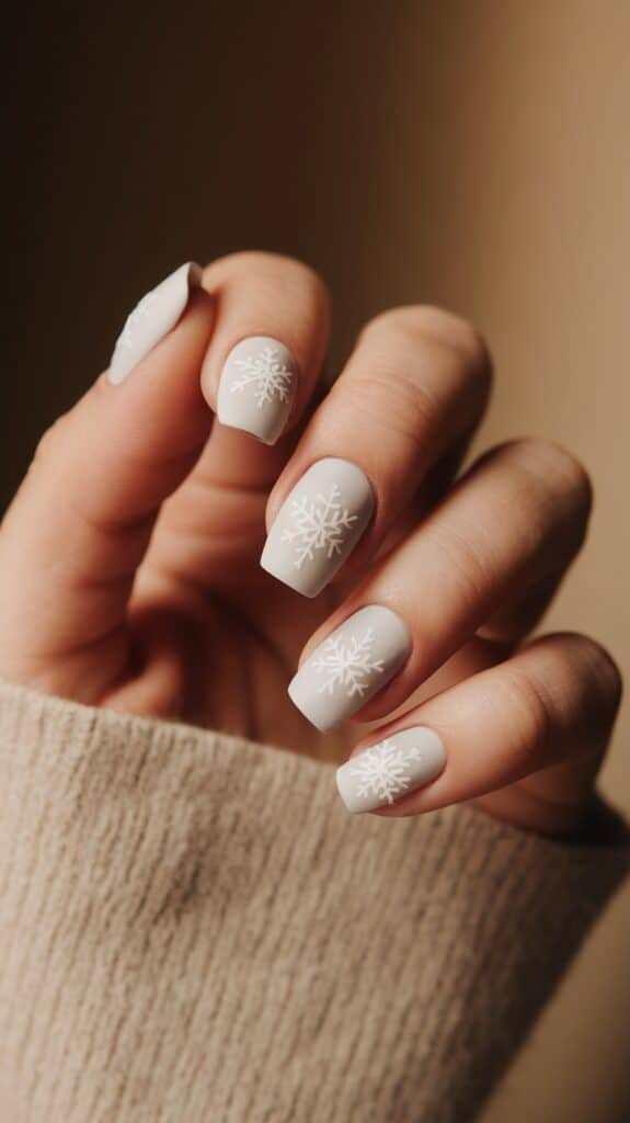 A close-up of a hand with neatly manicured nails featuring a gray matte polish and white snowflake designs on each nail.