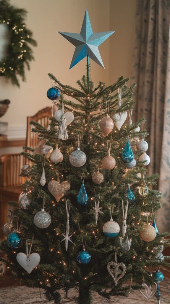 A decorated Christmas tree with a blue star on top, adorned with various ornaments in blue, silver, and gold colors, including heart-shaped and spherical baubles.