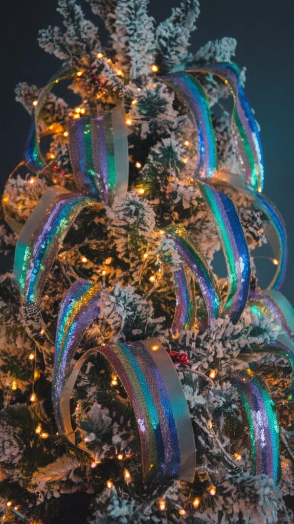 A snow-covered Christmas tree adorned with colorful shimmering ribbon and illuminated with small orange lights.