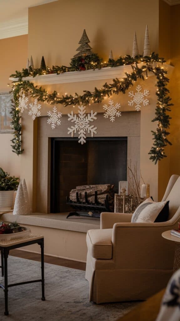 A fireplace decorated with green garlands and illuminated string lights, featuring large white snowflake ornaments hanging in front. The mantel is adorned with small conical trees and surrounded by a cozy living room setting, including an armchair and a small table with festive decor.