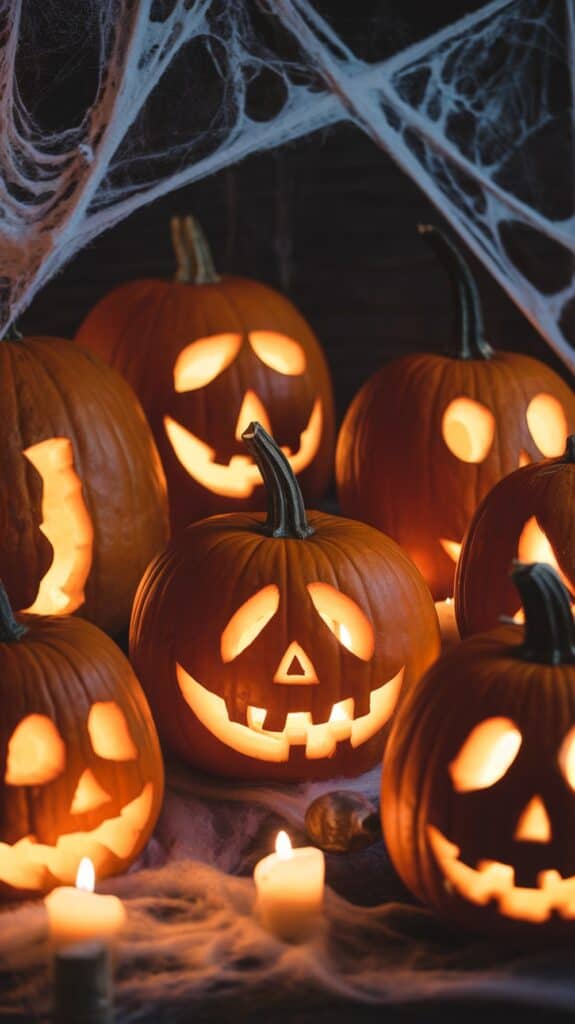 A group of carved jack-o'-lanterns with lit candles inside, surrounded by artificial cobwebs, creating a spooky Halloween atmosphere.