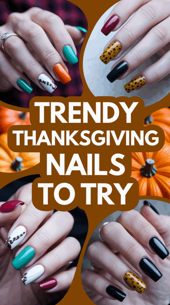 Collage of creative nail designs with various colors and patterns, surrounded by miniature pumpkins, featuring a text overlay saying 'Trendy Thanksgiving Nails to Try.'