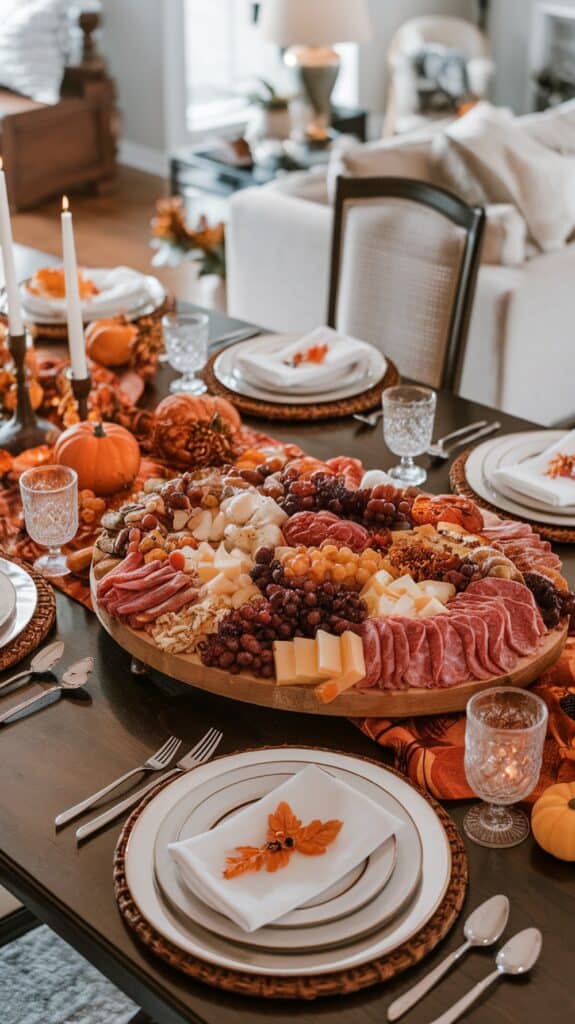 A lavish charcuterie board with assorted meats, cheeses, grapes, and crackers is placed at the center of a dining table, surrounded by elegant place settings with white plates, crystal glasses, and decorative pumpkins.