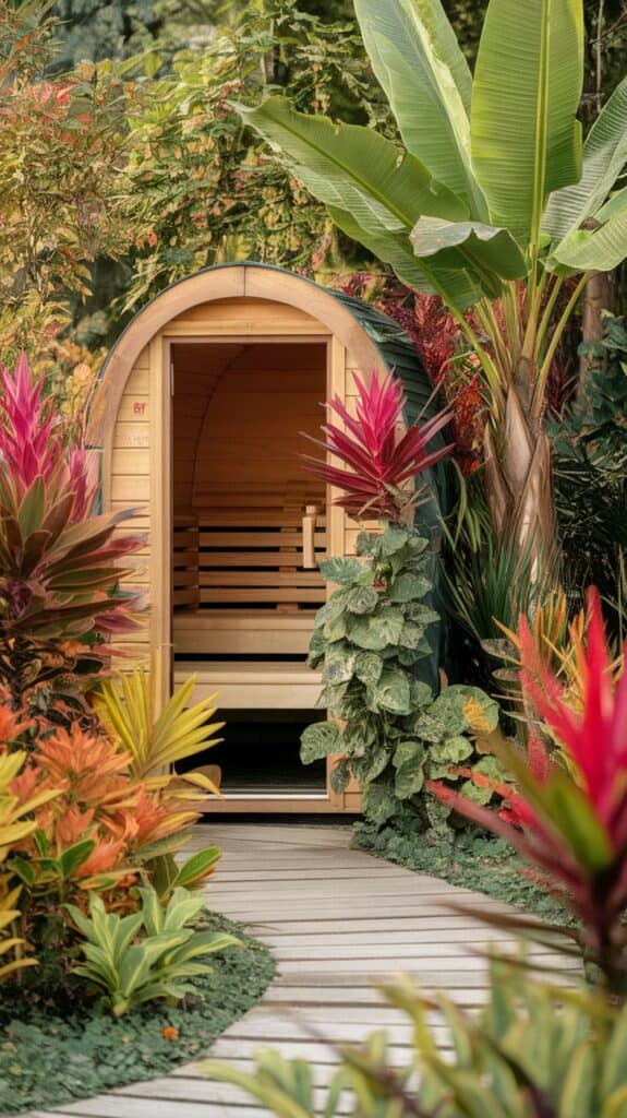 A wooden barrel sauna nestled among vibrant tropical plants and banana leaves, with a curved pathway leading to its entrance.