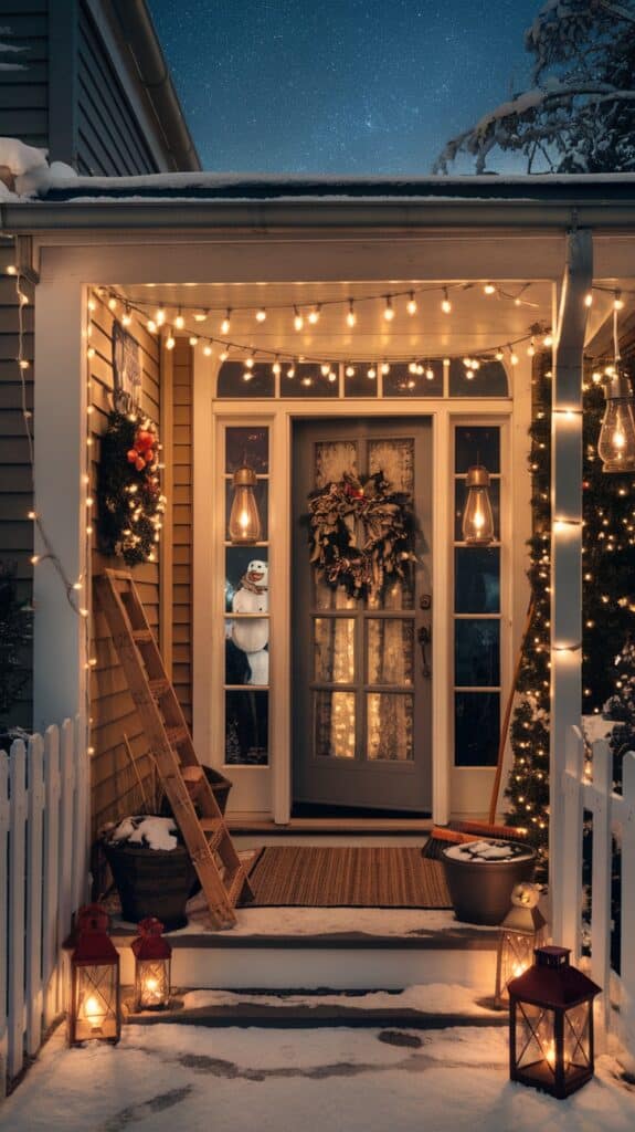 A cozy porch decorated for the holidays with warm string lights, a wreath on the door, and lit lanterns on the snow-covered steps. A snowman is visible through the glass side panel of the door.