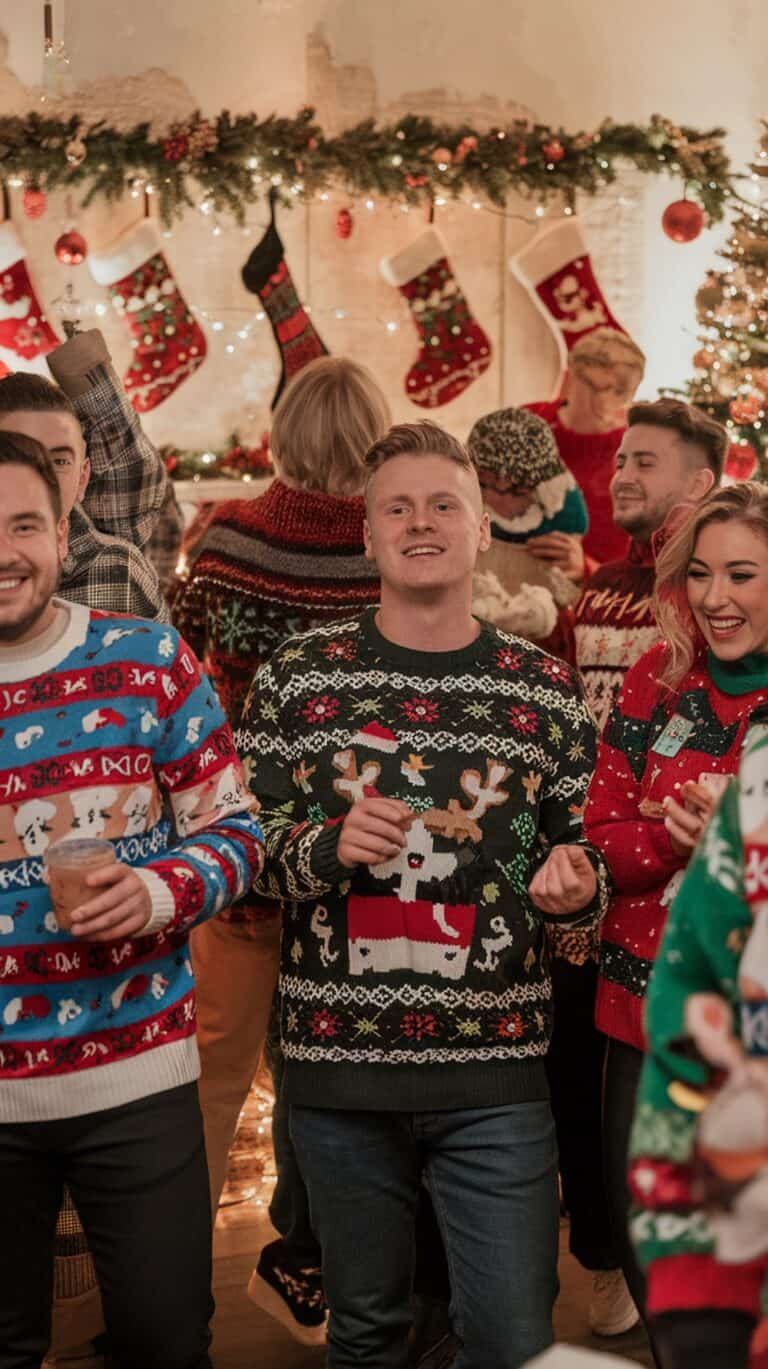 A group of people at a festive holiday party wearing colorful Christmas sweaters, standing in front of a decorated wall with stockings, garlands, and lights.