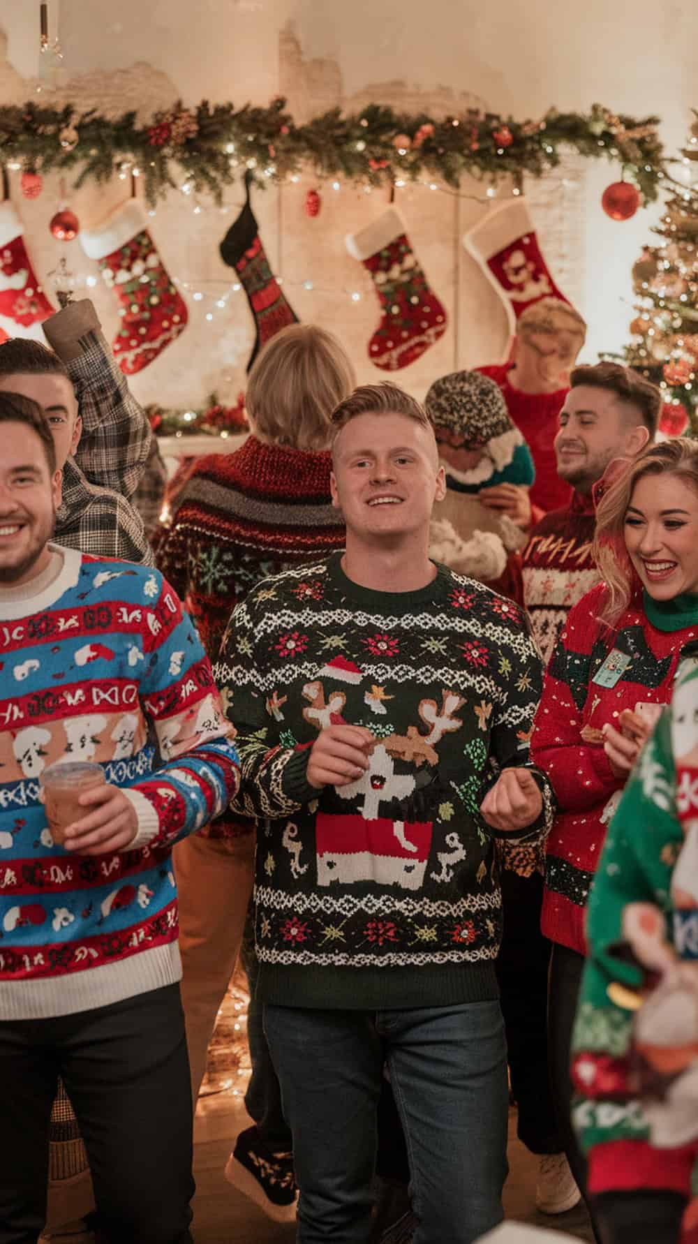 A group of people at a festive holiday party wearing colorful Christmas sweaters, standing in front of a decorated wall with stockings, garlands, and lights.
