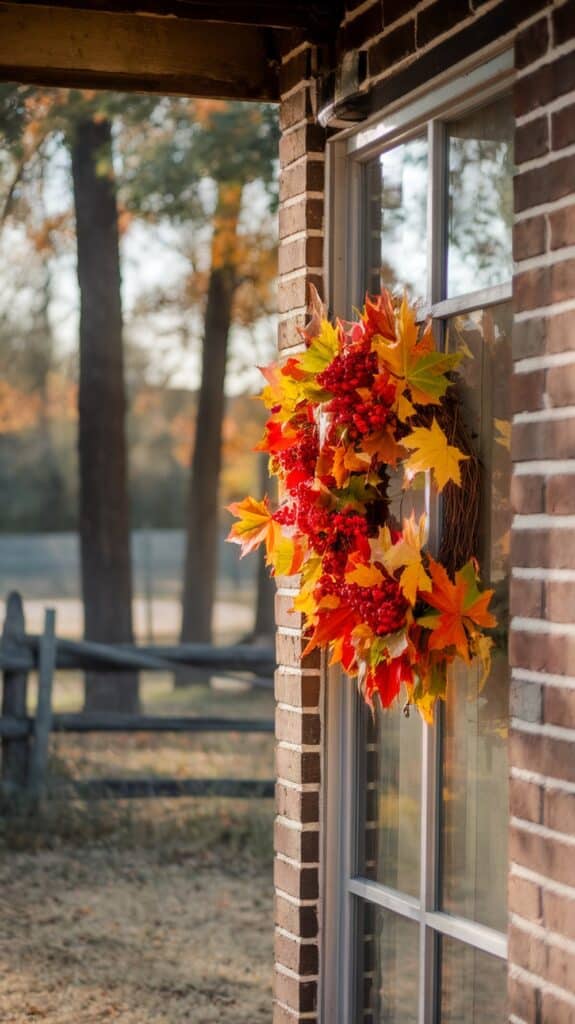 A brick building with a window adorned by a festive autumn wreath made of colorful leaves and red berries, set against a backdrop of trees and a wooden fence bathed in warm, soft sunlight.