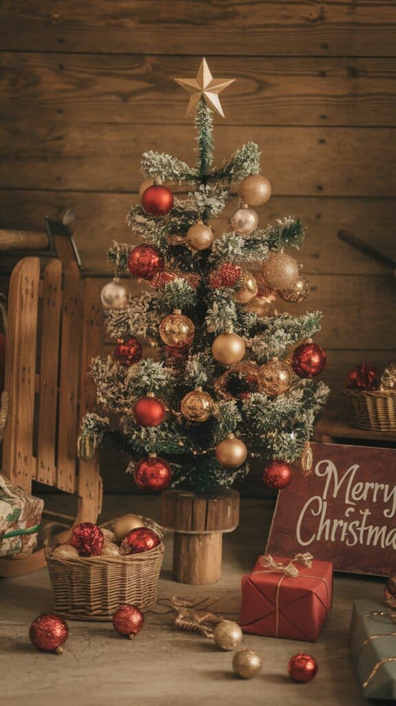 A small Christmas tree decorated with red and gold ornaments, topped with a golden star, stands on a wooden base. It is surrounded by a wooden sled, a basket of extra ornaments, wrapped gifts, and a "Merry Christmas" sign, set against a rustic wooden background.