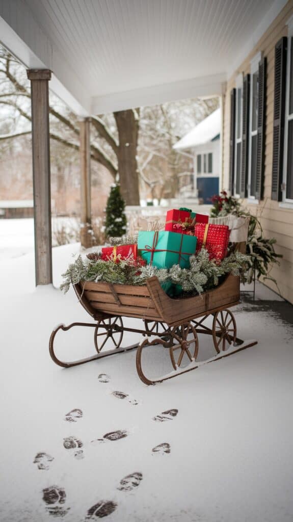 A wooden sleigh filled with wrapped Christmas presents sits on a snow-covered porch, with a trail of footprints leading to it.