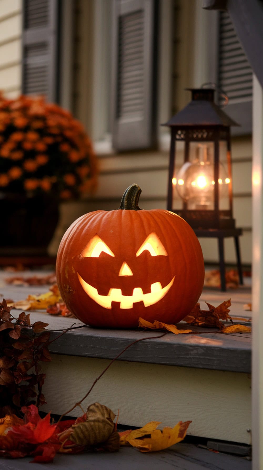 A carved pumpkin with a glowing face sits on the steps, surrounded by autumn leaves and a lantern with a lit candle, in front of a house with window shutters.