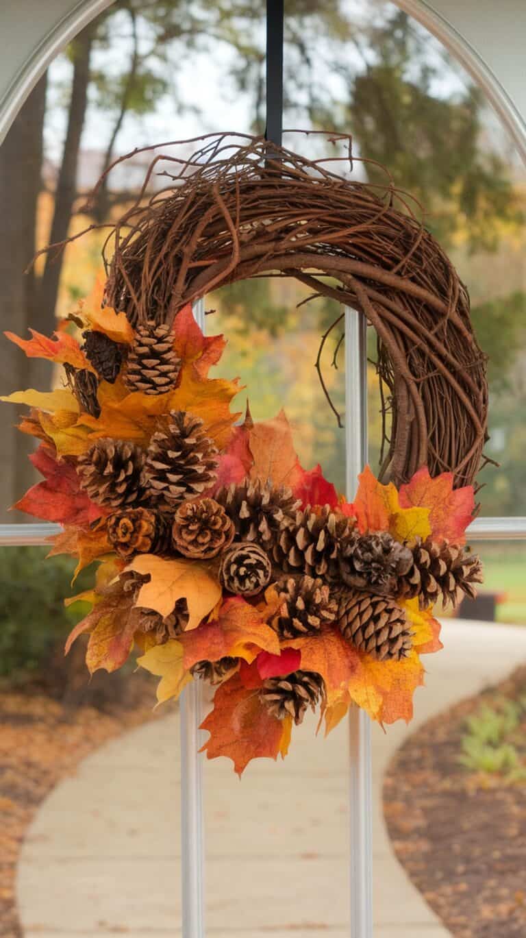 A decorative autumn wreath made of intertwined brown twigs adorned with pinecones and colorful fall leaves in shades of orange, red, and yellow, hanging on a glass door with a blurred outdoor background.