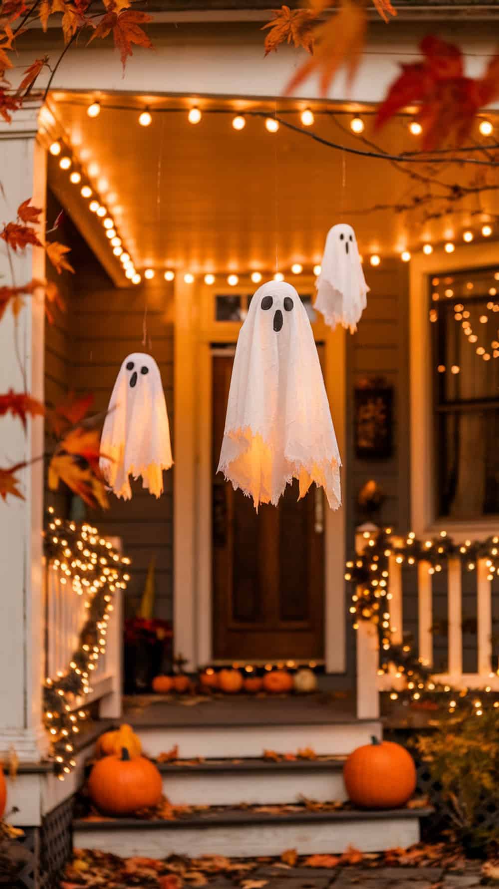 A porch decorated for Halloween with hanging ghost decorations, pumpkins on the steps, fairy lights, and autumn leaves scattered around.