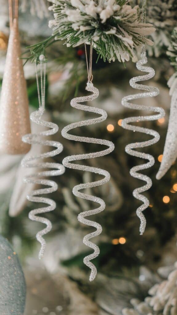 Close-up of shiny, spiral-shaped silver Christmas ornaments hanging on a snow-covered tree branch.