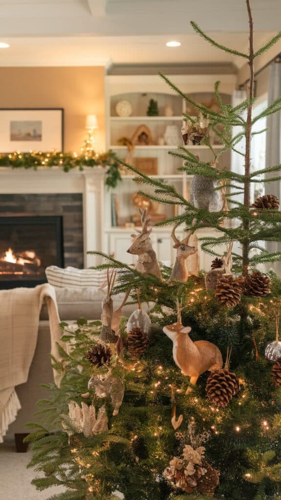A Christmas tree decorated with lights, pinecones, and deer ornaments in a cozy living room with a fireplace in the background.